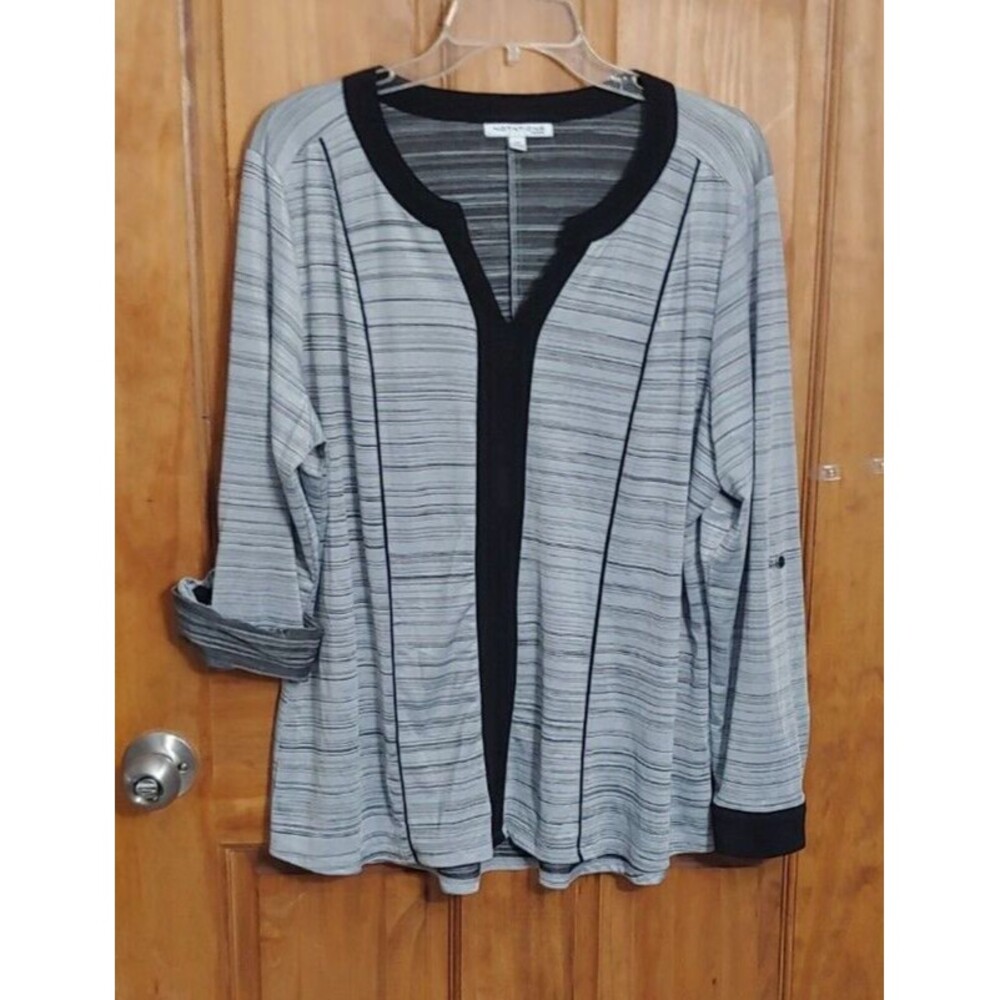 Notations Womens Top 2X Gray Black Career Convertible Roll Tab Sleeves V Neck